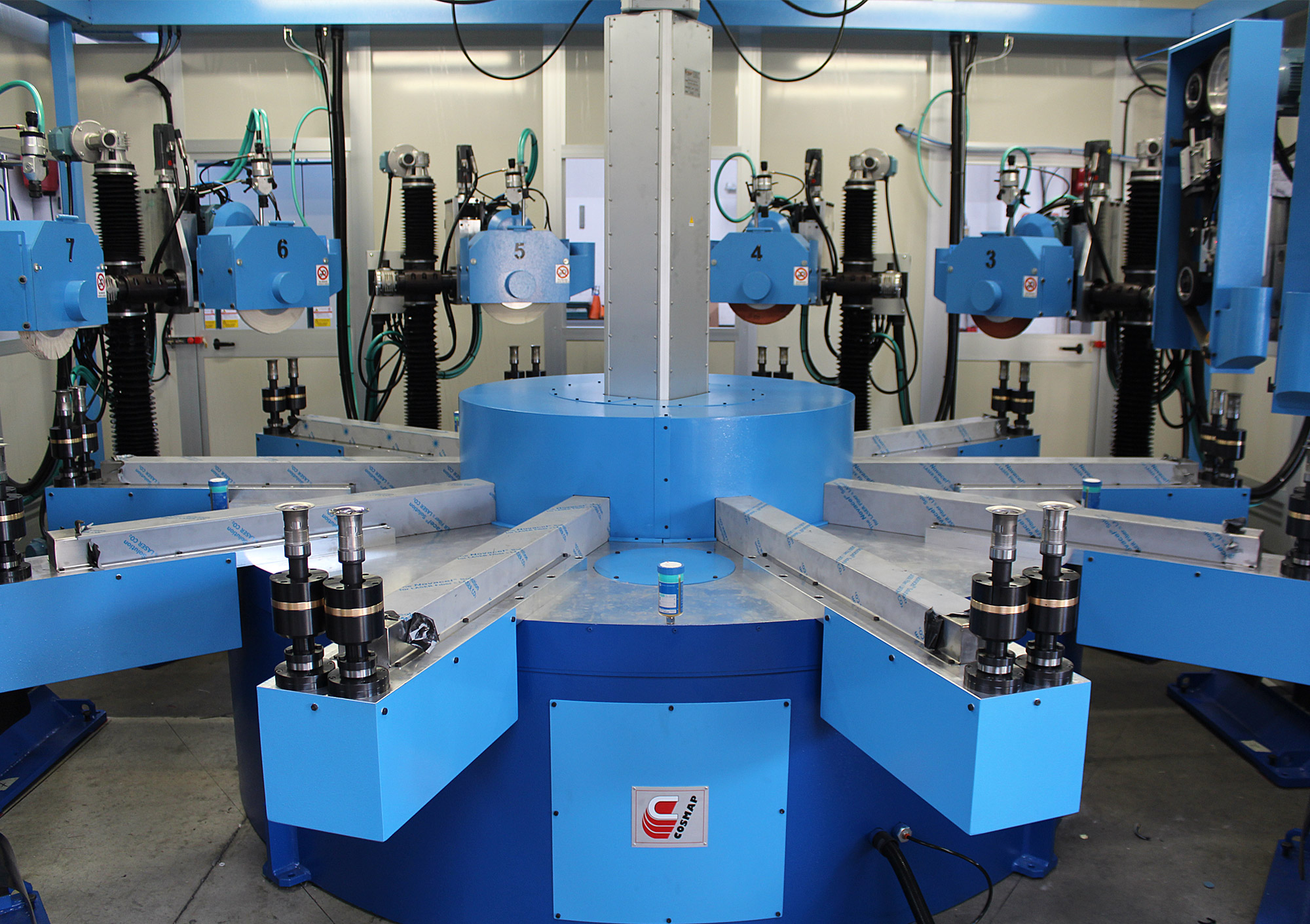 Indexed rotary table with C.S.L. type grinding/linishing unit and C.P.L. type polishing unit